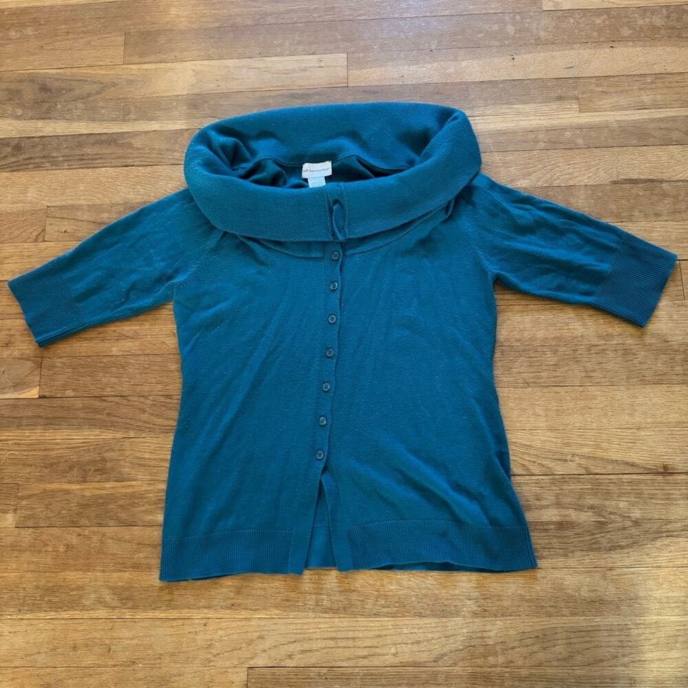 Soft Surroundings teal 1/2 sleeve cowel neck button-down sweater sz medium
b21